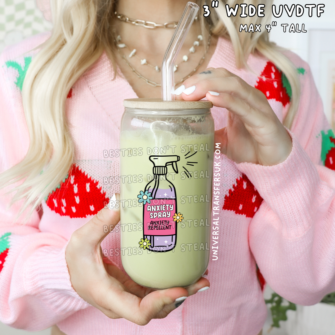 Anxiety Spray 3" / 7.62cm wide UVDTF single sticker (#4)