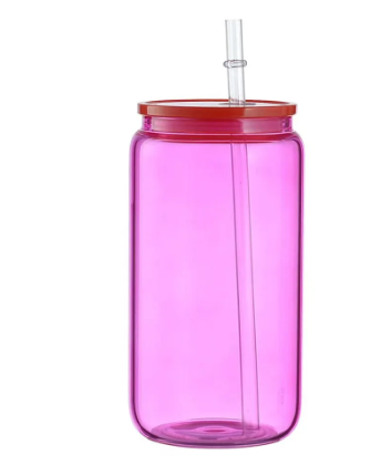 16oz hot Pink Coloured clear Libbey glass cup with plastic lid
