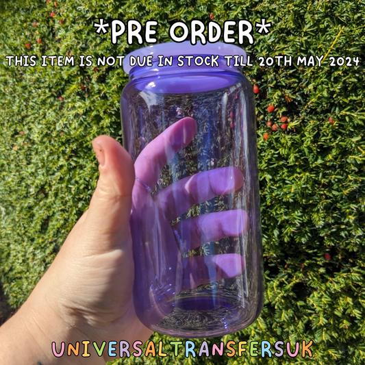 *PRE-ORDER* 16oz Purple Coloured clear Libbey glass cup with plastic lid *Due in 20/5/24*