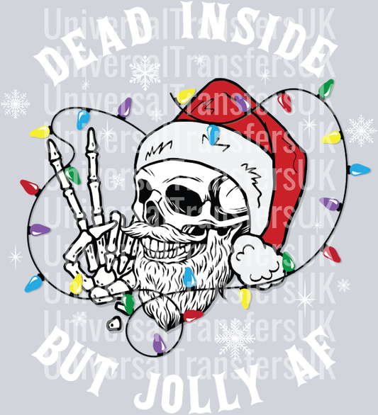 Dead inside but jolly AF Medium Skeleton Skull with Fairy Lights White Text