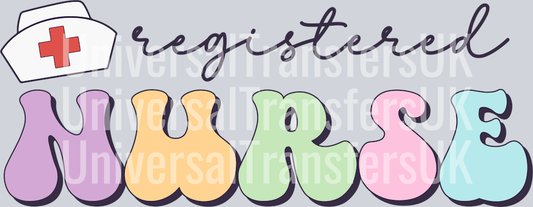 Groovy Bubble Text Multicolour Registered Nurse with Red Cross Hat in Top Left