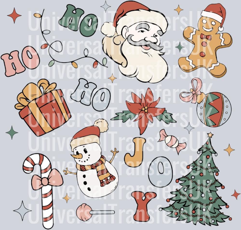 Vintage Christmas Ho Ho Ho Joy santa facing right hot chocolate gingerbread