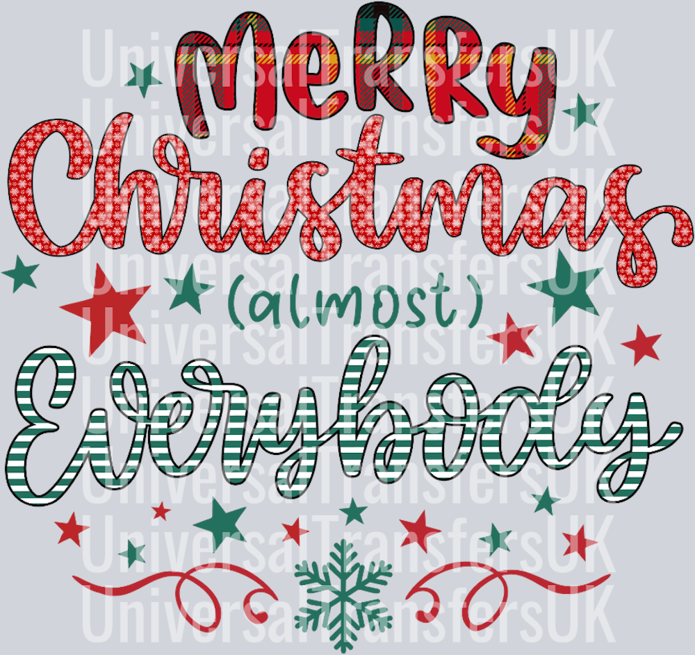 Merry Christmas almost everybody stripes tartan and snowflake text print