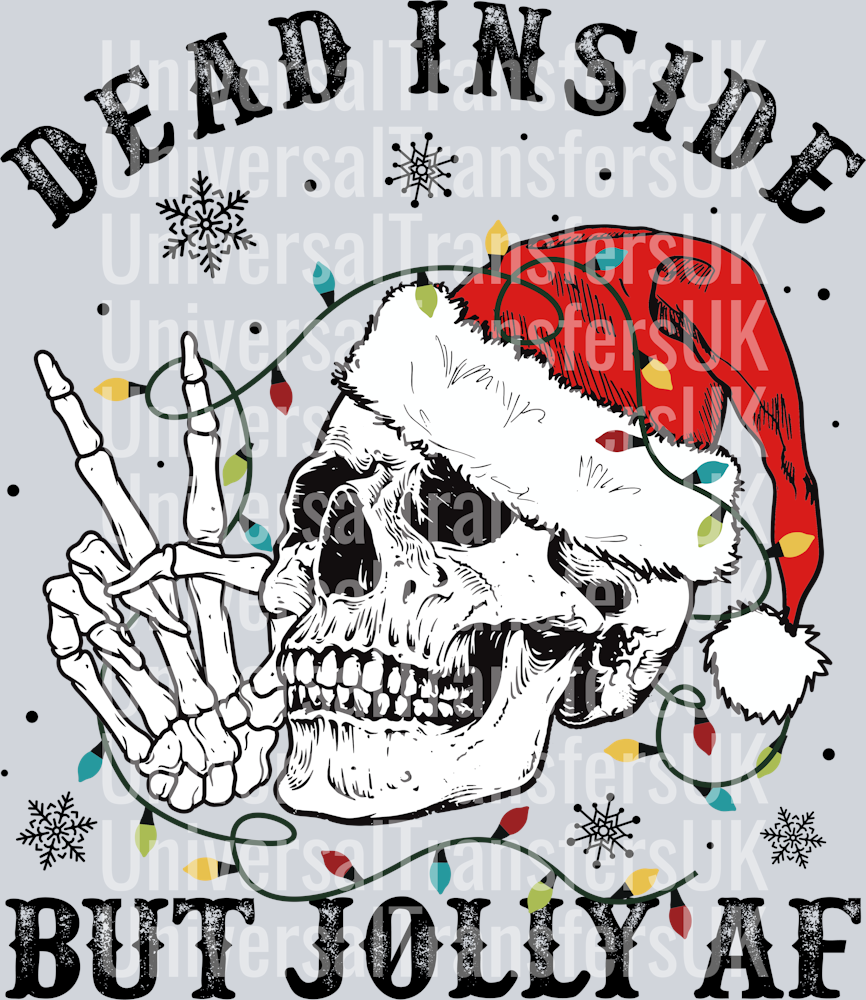 Dead inside but jolly AF Big Skeleton Skull with Fairy Lights Black Text